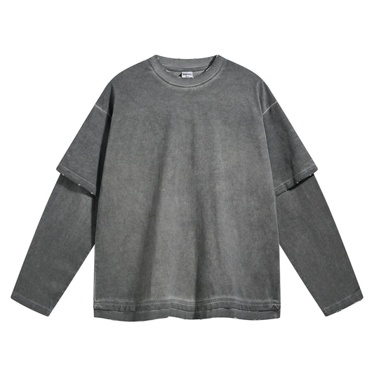 Tie-dyed Fake Two-piece Long Sleeved T-shirt for Men Vintage Washed Trendy Distressed Sweatshirts Women Oversized Clothes XL46