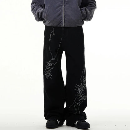 American Style Men's Denim Pants Embroidery Contrast Color XL32