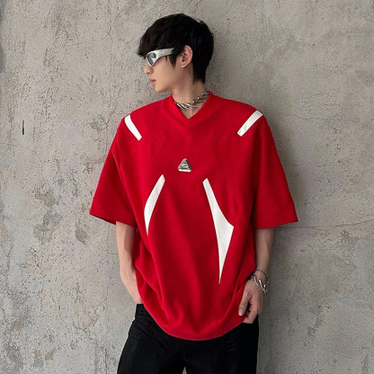 Contrast Color Patchwork Men's Tees Metal Detachable Shoulder Pads New Short Sleeved O-neck Male T-shirts XL36