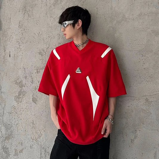 Contrast Color Patchwork Men's Tees Metal Detachable Shoulder Pads New Short Sleeved O-neck Male T-shirts XL36