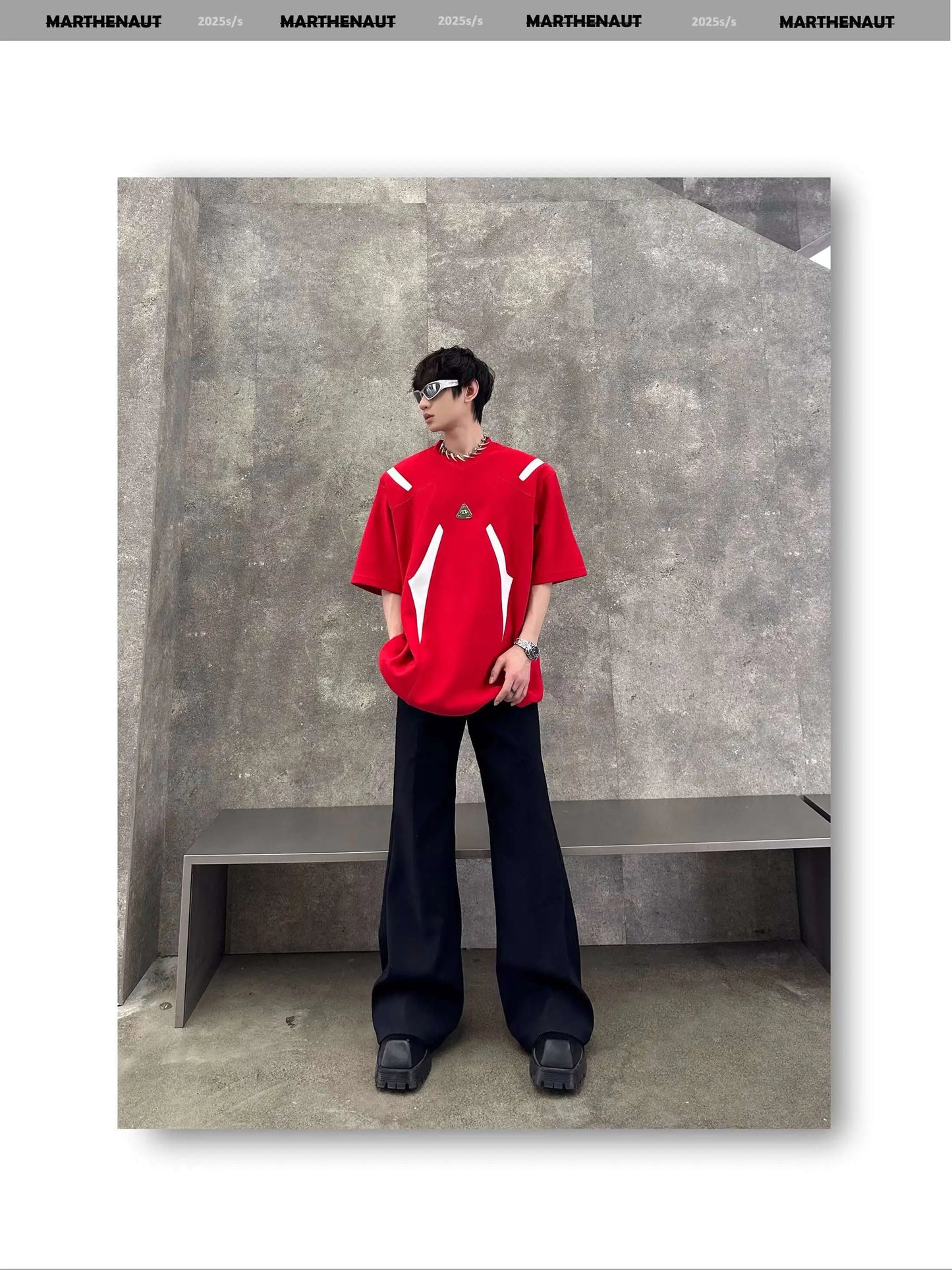 Contrast Color Patchwork Men's Tees Metal Detachable Shoulder Pads New Short Sleeved O-neck Male T-shirts XL36