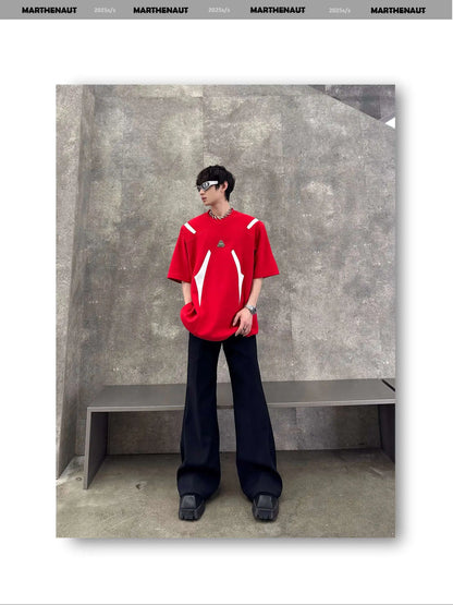 Contrast Color Patchwork Men's Tees Metal Detachable Shoulder Pads New Short Sleeved O-neck Male T-shirts XL36