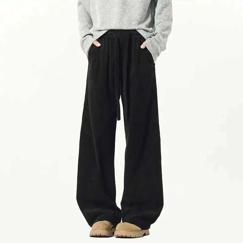 Elastic Waist Men's Casual Pants Solid Color Drawstring Straight Corduroy Machete Trousers Wide Leg Male Bottom 2025 9W588 XL57