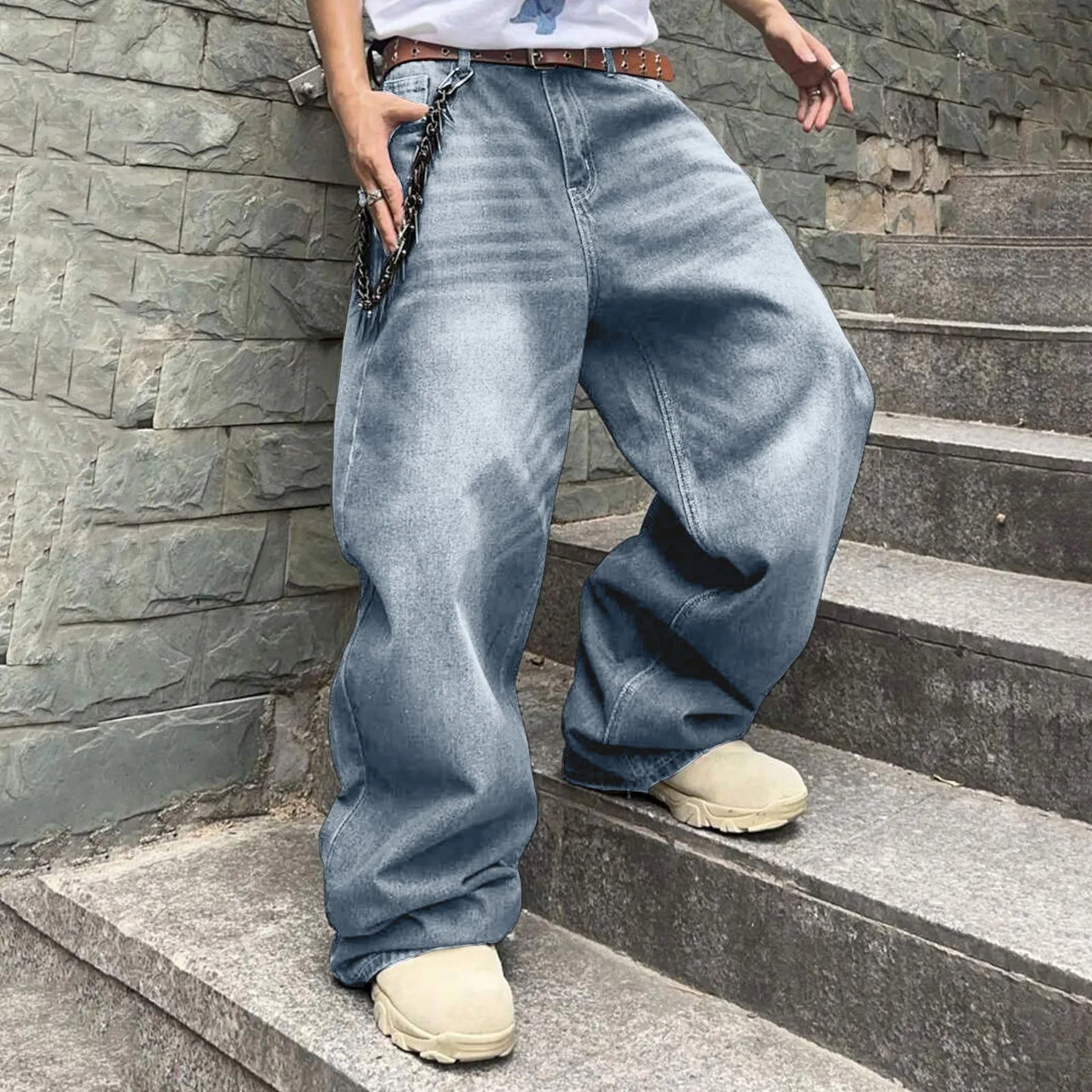 Vintage Jeans For Men Wide Leg Sweatpants Men's Baggy Jeans Retro Trousers Korean Fashion Loose Fit Denim Pants Streetwear XL39