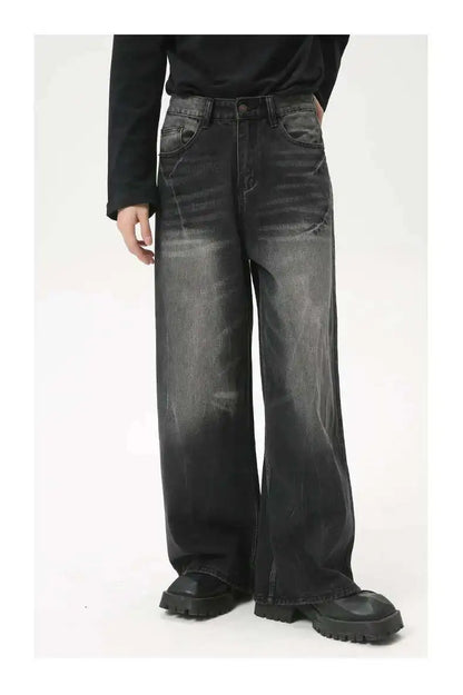 American Style Male Jeans Loose Zipper Wide-leg Washed Denim Pants High Street Summer New Trendy Trousers 2024 9C6160 XL50