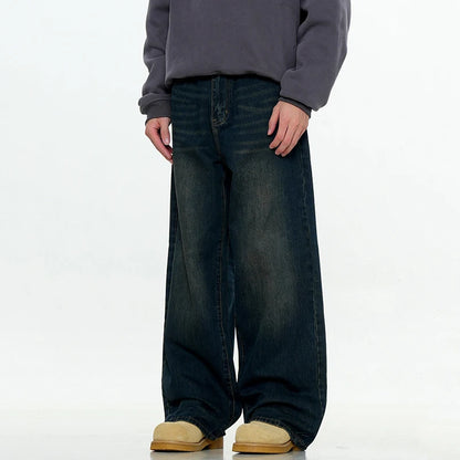 Simple Men's Denim Trousers Solid Color Casual Worn-out Washing Straight Bottom Wide Leg Loose Male Jeans Fashion 9W431 XL54