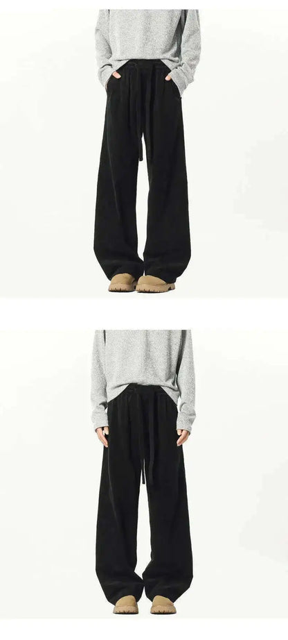 Elastic Waist Men's Casual Pants Solid Color Drawstring Straight Corduroy Machete Trousers Wide Leg Male Bottom 2025 9W588 XL57