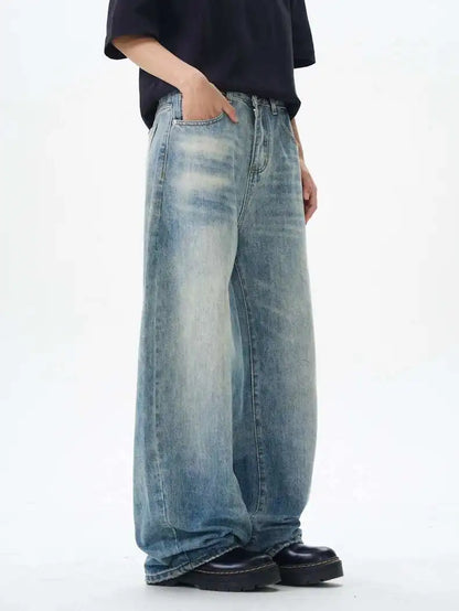 Korean Style Men's Denim Pants Solid Color Washing Moustache Effect New Spring Straight Wide Leg Loose Male Jeans 9W1188 XL53