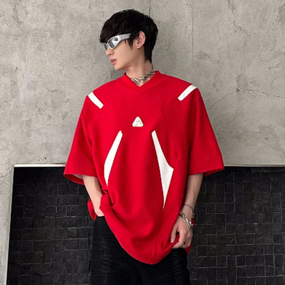 Contrast Color Patchwork Men's Tees Metal Detachable Shoulder Pads New Short Sleeved O-neck Male T-shirts XL36