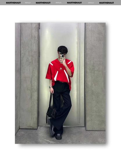 Contrast Color Patchwork Men's Tees Metal Detachable Shoulder Pads New Short Sleeved O-neck Male T-shirts XL36