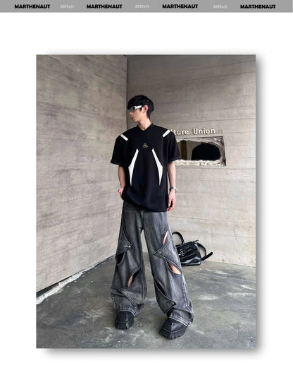 Contrast Color Patchwork Men's Tees Metal Detachable Shoulder Pads New Short Sleeved O-neck Male T-shirts XL36
