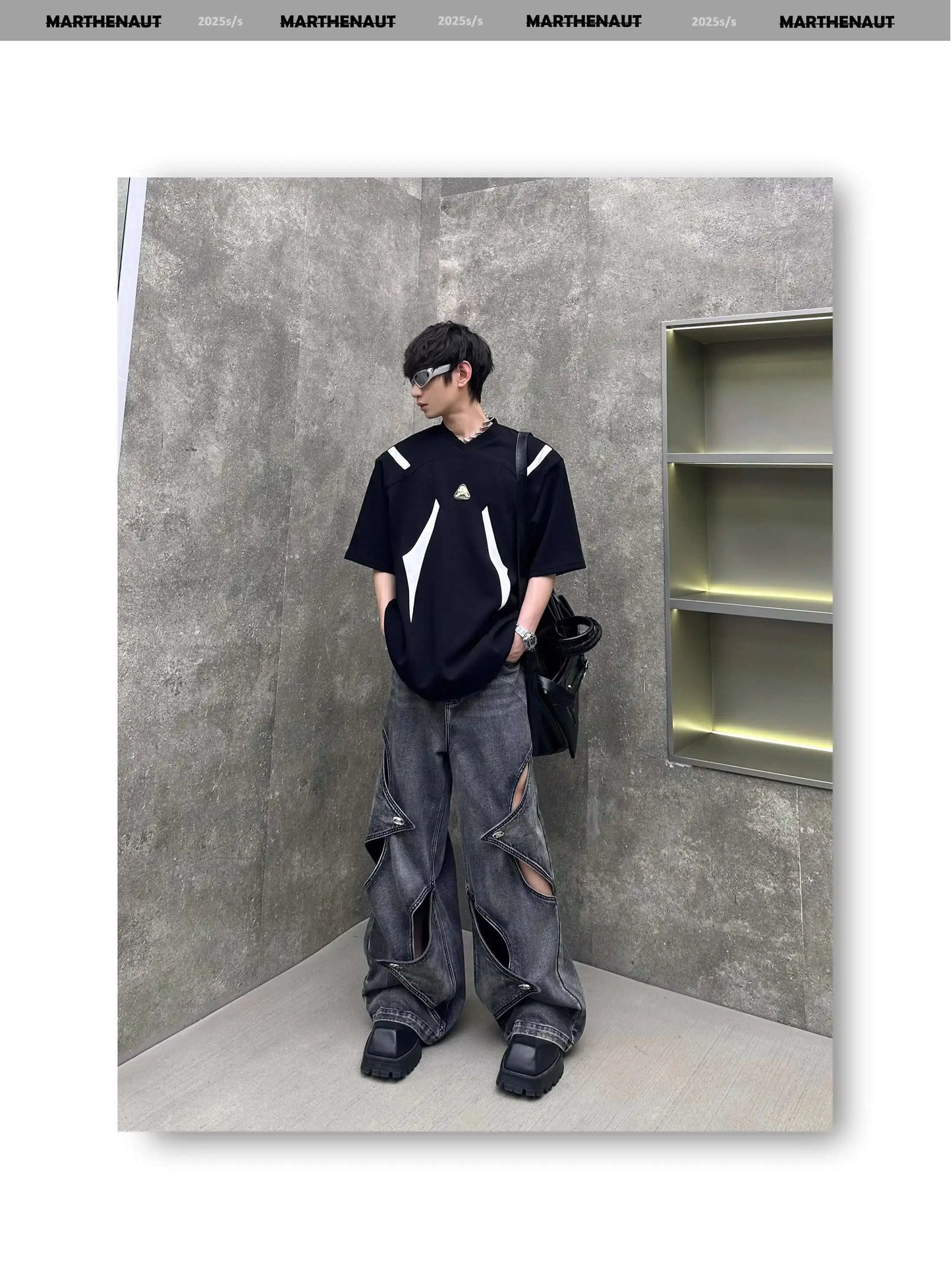 Contrast Color Patchwork Men's Tees Metal Detachable Shoulder Pads New Short Sleeved O-neck Male T-shirts XL36