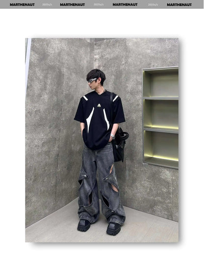 Contrast Color Patchwork Men's Tees Metal Detachable Shoulder Pads New Short Sleeved O-neck Male T-shirts XL36