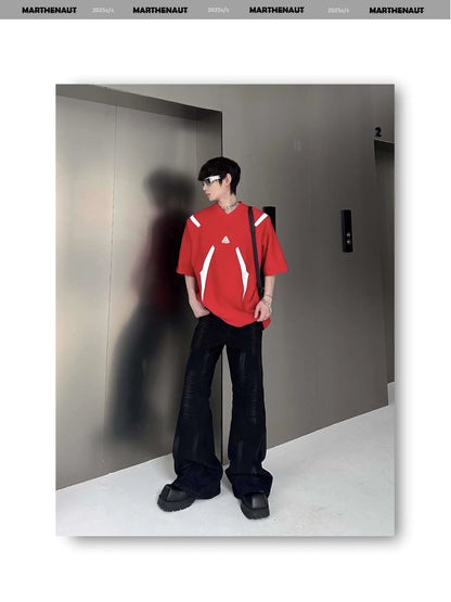 Contrast Color Patchwork Men's Tees Metal Detachable Shoulder Pads New Short Sleeved O-neck Male T-shirts XL36