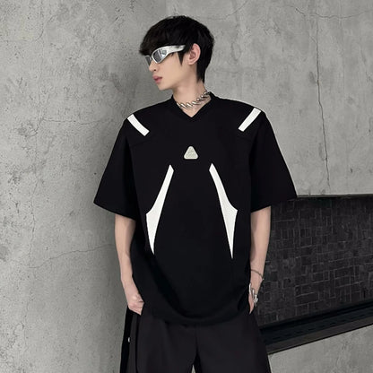 Contrast Color Patchwork Men's Tees Metal Detachable Shoulder Pads New Short Sleeved O-neck Male T-shirts XL36