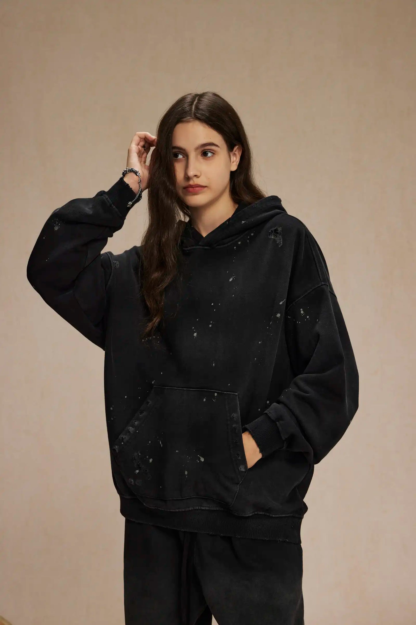 Spray-stained ink holes worn hoodie　XL43