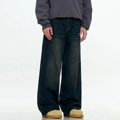 Simple Men's Denim Trousers Solid Color Casual Worn-out Washing Straight Bottom Wide Leg Loose Male Jeans Fashion 9W431 XL54