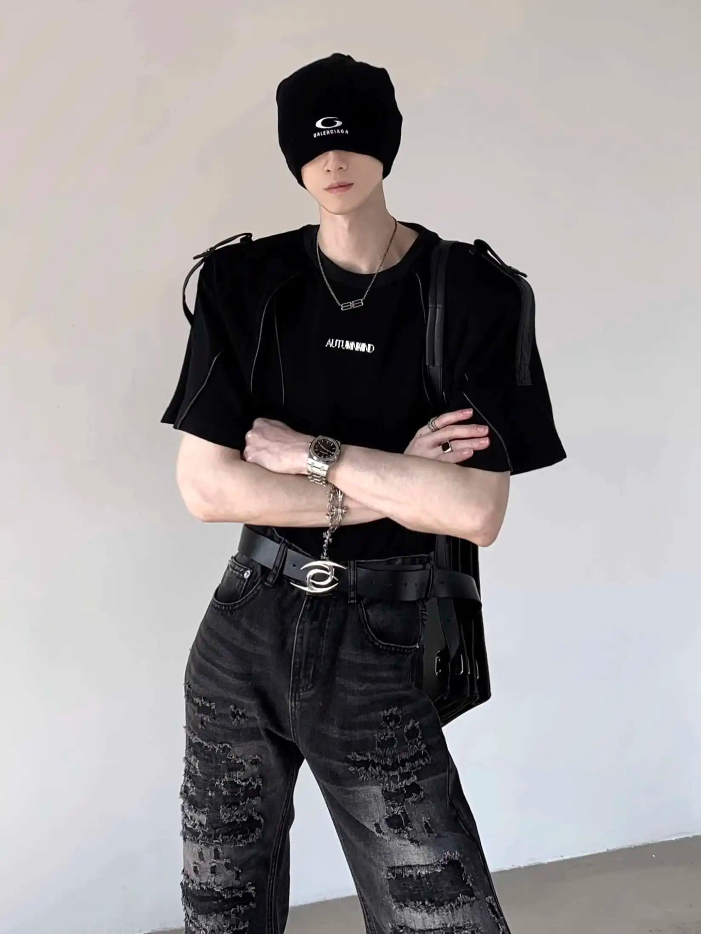 Niche Design Men's Tees Round Neck Metal Shoulder Padded Deconstruction Solid Color Loose Ribbon Male T-shirts New XL36