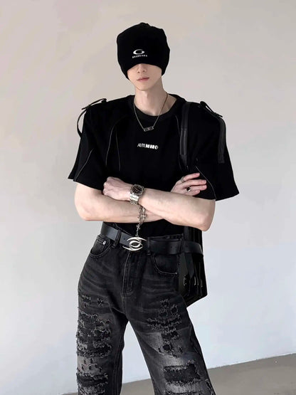 Niche Design Men's Tees Round Neck Metal Shoulder Padded Deconstruction Solid Color Loose Ribbon Male T-shirts New XL36