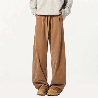 Elastic Waist Men's Casual Pants Solid Color Drawstring Straight Corduroy Machete Trousers Wide Leg Male Bottom 2025 9W588 XL57