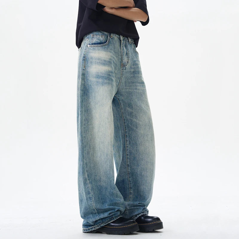 Korean Style Men's Denim Pants Solid Color Washing Moustache Effect New Spring Straight Wide Leg Loose Male Jeans 9W1188 XL53