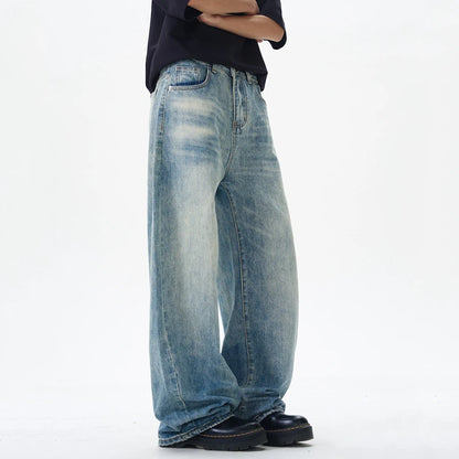Korean Style Men's Denim Pants Solid Color Washing Moustache Effect New Spring Straight Wide Leg Loose Male Jeans 9W1188 XL53