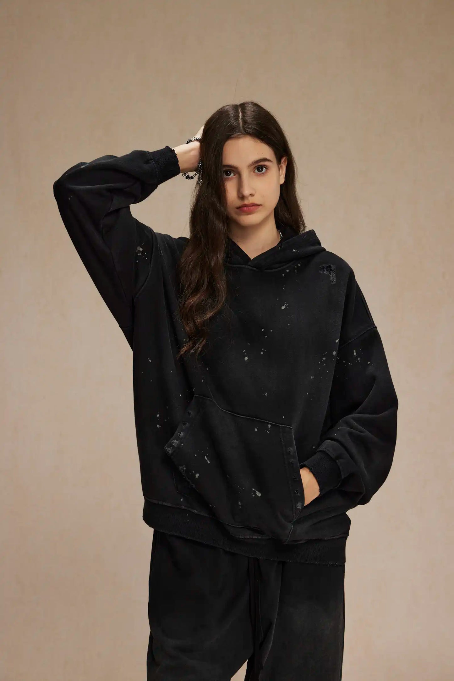 Spray-stained ink holes worn hoodie　XL43