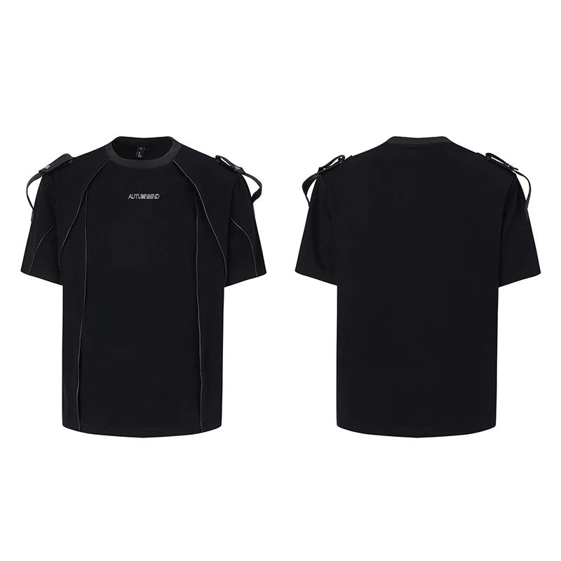 Niche Design Men's Tees Round Neck Metal Shoulder Padded Deconstruction Solid Color Loose Ribbon Male T-shirts New XL36
