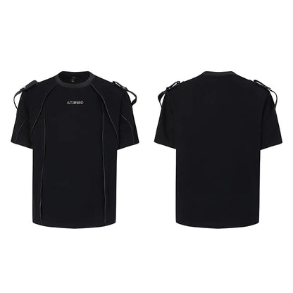 Niche Design Men's Tees Round Neck Metal Shoulder Padded Deconstruction Solid Color Loose Ribbon Male T-shirts New XL36