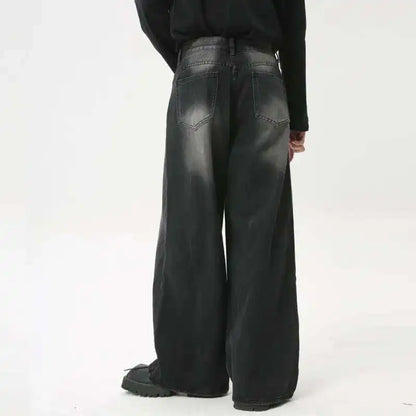 American Style Male Jeans Loose Zipper Wide-leg Washed Denim Pants High Street Summer New Trendy Trousers 2024 9C6160 XL50
