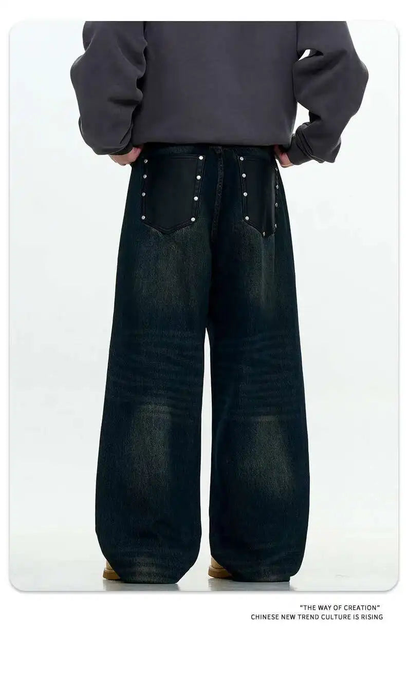 Simple Men's Denim Trousers Solid Color Casual Worn-out Washing Straight Bottom Wide Leg Loose Male Jeans Fashion 9W431 XL54