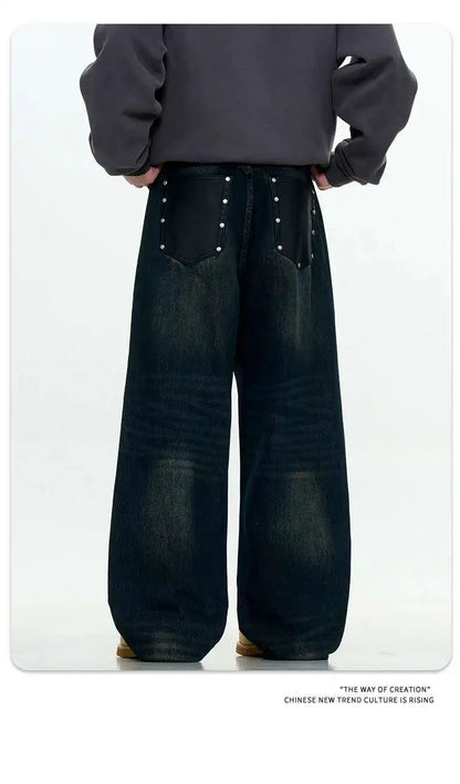 Simple Men's Denim Trousers Solid Color Casual Worn-out Washing Straight Bottom Wide Leg Loose Male Jeans Fashion 9W431 XL54