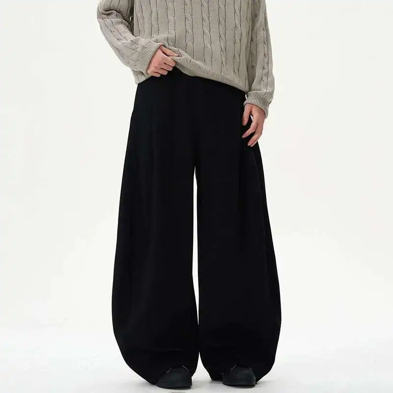 Pleated Design Men's Casual Pants Solid Color Elastic Waist Wide Leg Sweatpants Silhouette All-match Male Bottom New 9W1052 XL58