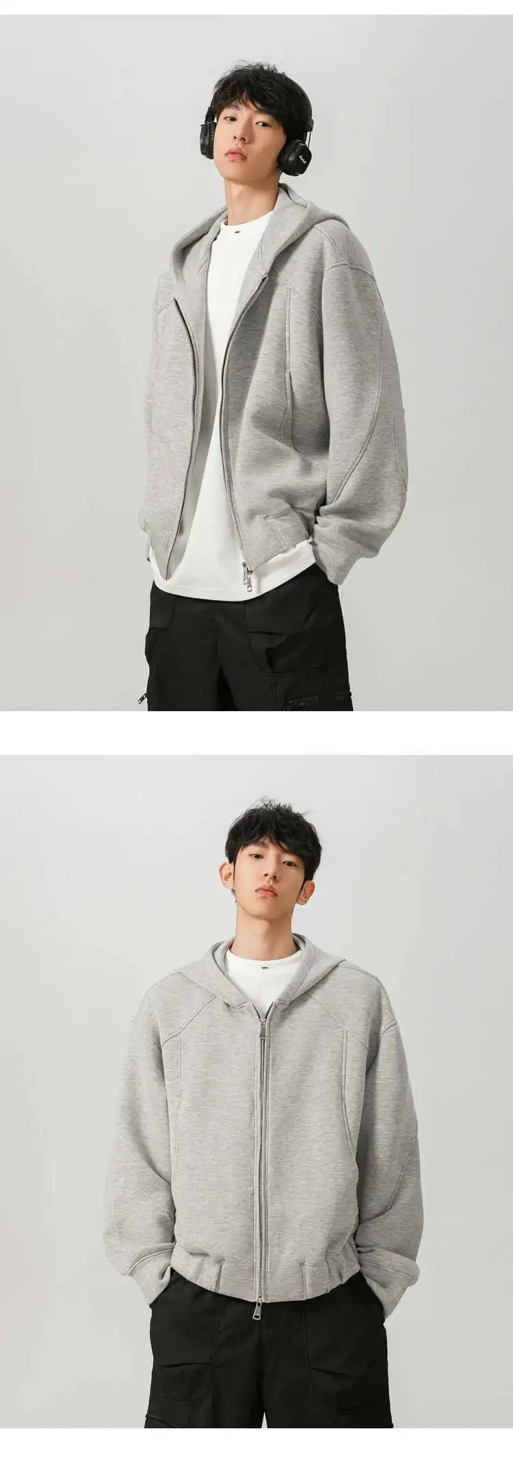 New Spring Men's Hoodies Hooded Zipper Structure Solid Color Loose Short Menswear Tops Casual Male Sweatshirts New 9W590 XL42