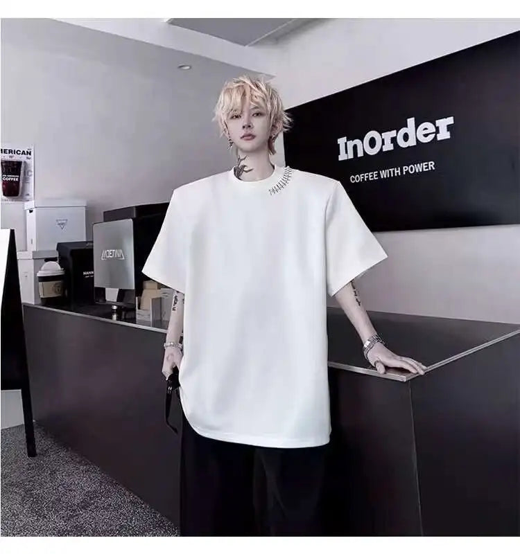 韓国モード系、オーバーサイズ、メタルバックルラウンドネックトップス　XL3
