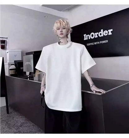 韓国モード系、オーバーサイズ、メタルバックルラウンドネックトップス　XL3