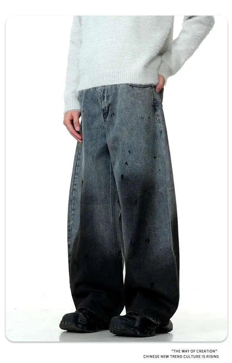 Men's Jeans New American Curved Knife Tide Denim Pants Wide Legs Loose Solid Color Male Trousers Spring 2025 XL38
