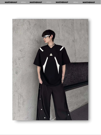 Contrast Color Patchwork Men's Tees Metal Detachable Shoulder Pads New Short Sleeved O-neck Male T-shirts XL36