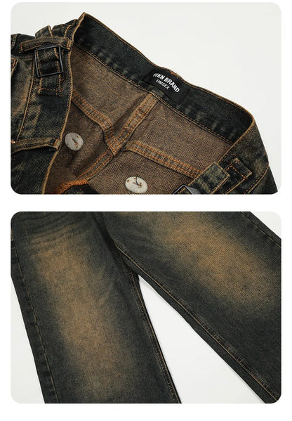American Style Men's Jeans Washing Contrast Color Worn-out Trousers Straight Wide Leg Male Denim Pants New Summer 9C8884 XL49