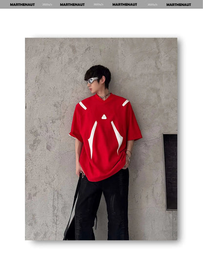 Contrast Color Patchwork Men's Tees Metal Detachable Shoulder Pads New Short Sleeved O-neck Male T-shirts XL36
