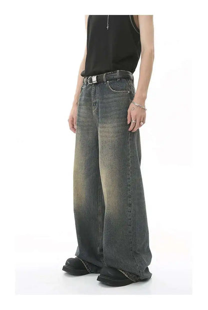 Men's Vintage Jeans Fashion Washed Street Casual Wide Leg Denim Pants Summer Distressed Loose Male Versatile Trousers 9C354 XL55
