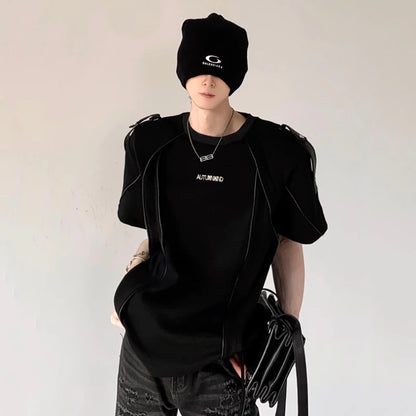 Niche Design Men's Tees Round Neck Metal Shoulder Padded Deconstruction Solid Color Loose Ribbon Male T-shirts New XL36