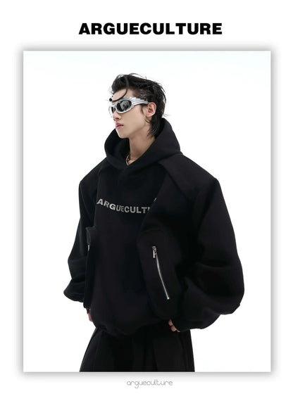 Korean Style Men's Hoodies Patchwork Three-dimensional Pockets Shoulder Pads Letter Printing Loose Male Sweatshirts XL35