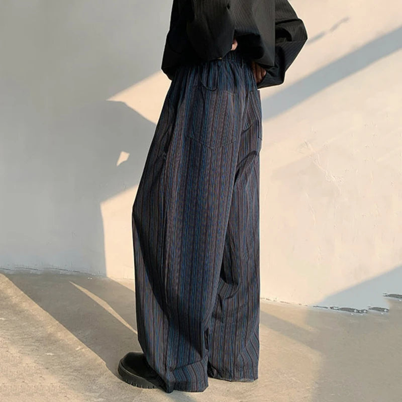 Korean Trendy Striped men's pants High-quality Wide Leg trousers Loose Fit Elastic Waist Straight Trousers 12C1521  XL40