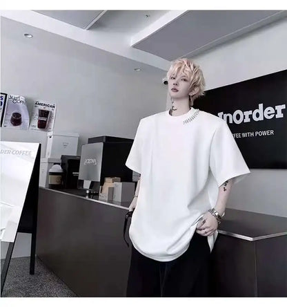 韓国モード系、オーバーサイズ、メタルバックルラウンドネックトップス　XL3