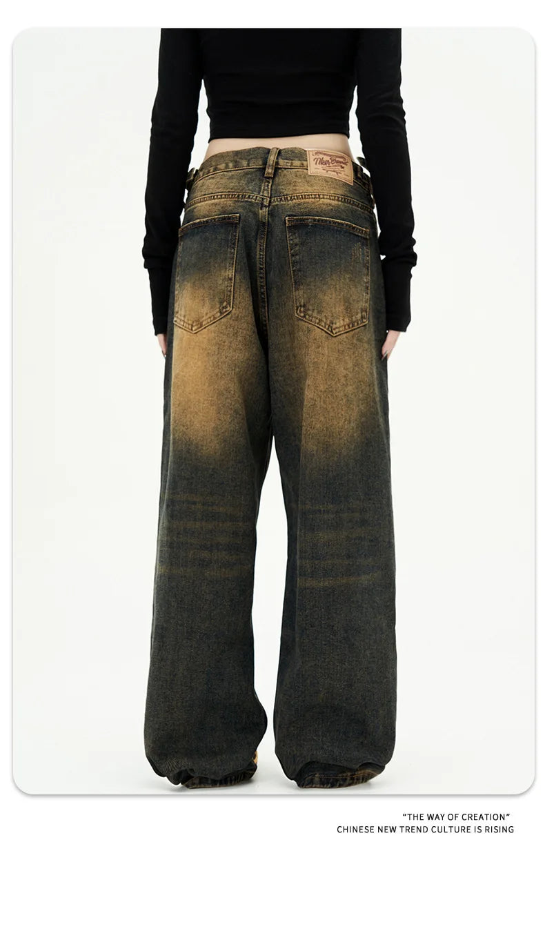 American Style Men's Jeans Washing Contrast Color Worn-out Trousers Straight Wide Leg Male Denim Pants New Summer 9C8884 XL49