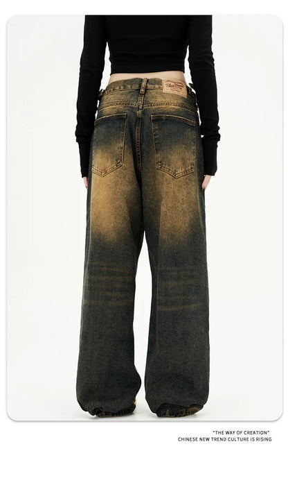 American Style Men's Jeans Washing Contrast Color Worn-out Trousers Straight Wide Leg Male Denim Pants New Summer 9C8884 XL49