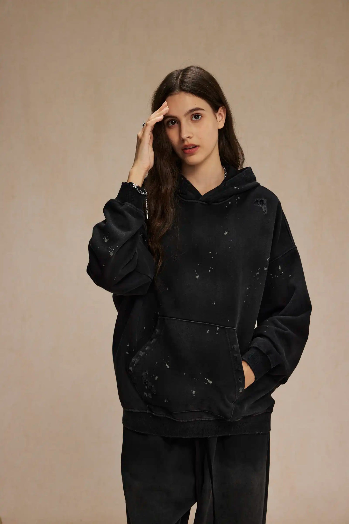 Spray-stained ink holes worn hoodie　XL43