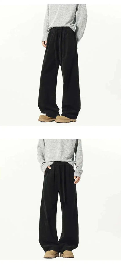 Elastic Waist Men's Casual Pants Solid Color Drawstring Straight Corduroy Machete Trousers Wide Leg Male Bottom 2025 9W588 XL57