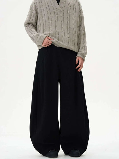 Pleated Design Men's Casual Pants Solid Color Elastic Waist Wide Leg Sweatpants Silhouette All-match Male Bottom New 9W1052 XL58